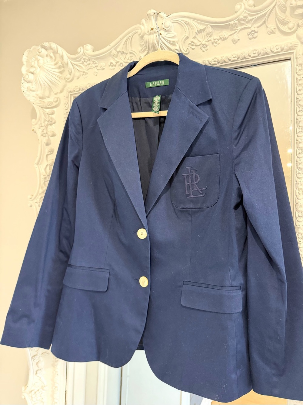 Ralph Lauren Women’s Tonal Embroidered Monogram Logo Navy Blue Blazer - Picture 3 of 5